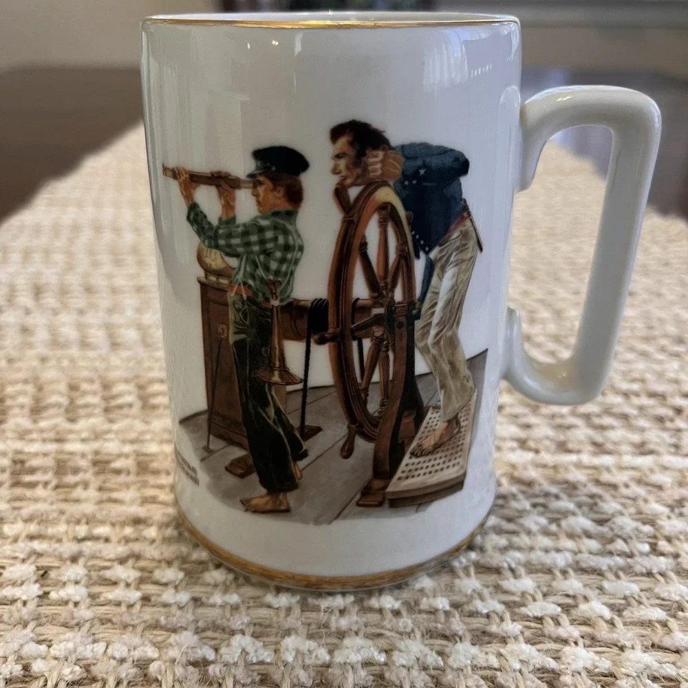 Norman Rockwell Coffee Mug set-Museum Series-Gold rim-Vintage Porcelain Set 4